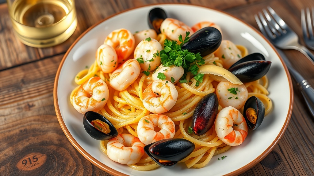 Creamy Seafood Fettuccine with Garlic and Lemon A delicious serving of Seafood Fettuccine with shrimp, scallops, mussels, and a creamy sauce, garnished with parsley on a rustic table.